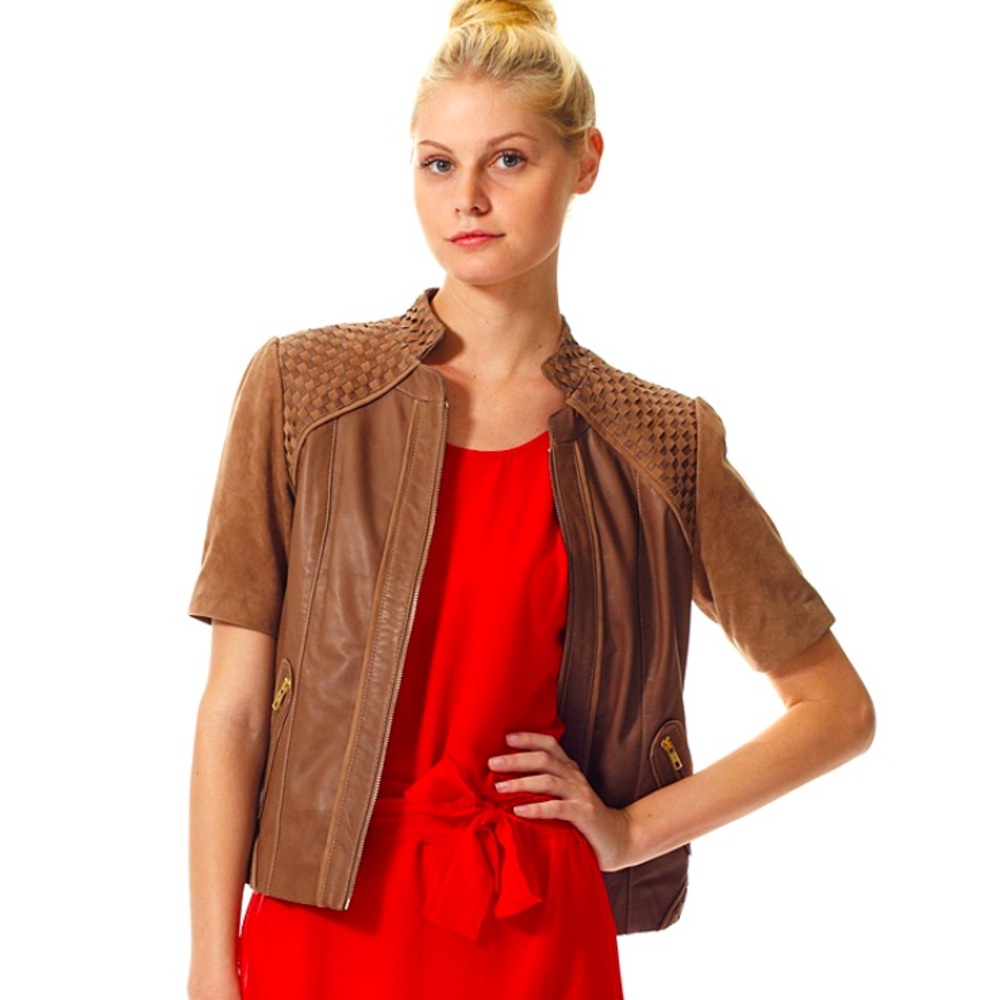 Juliette Longuet Brown Short Sleeve Woven Leather Suede Jacket Size S Designer
